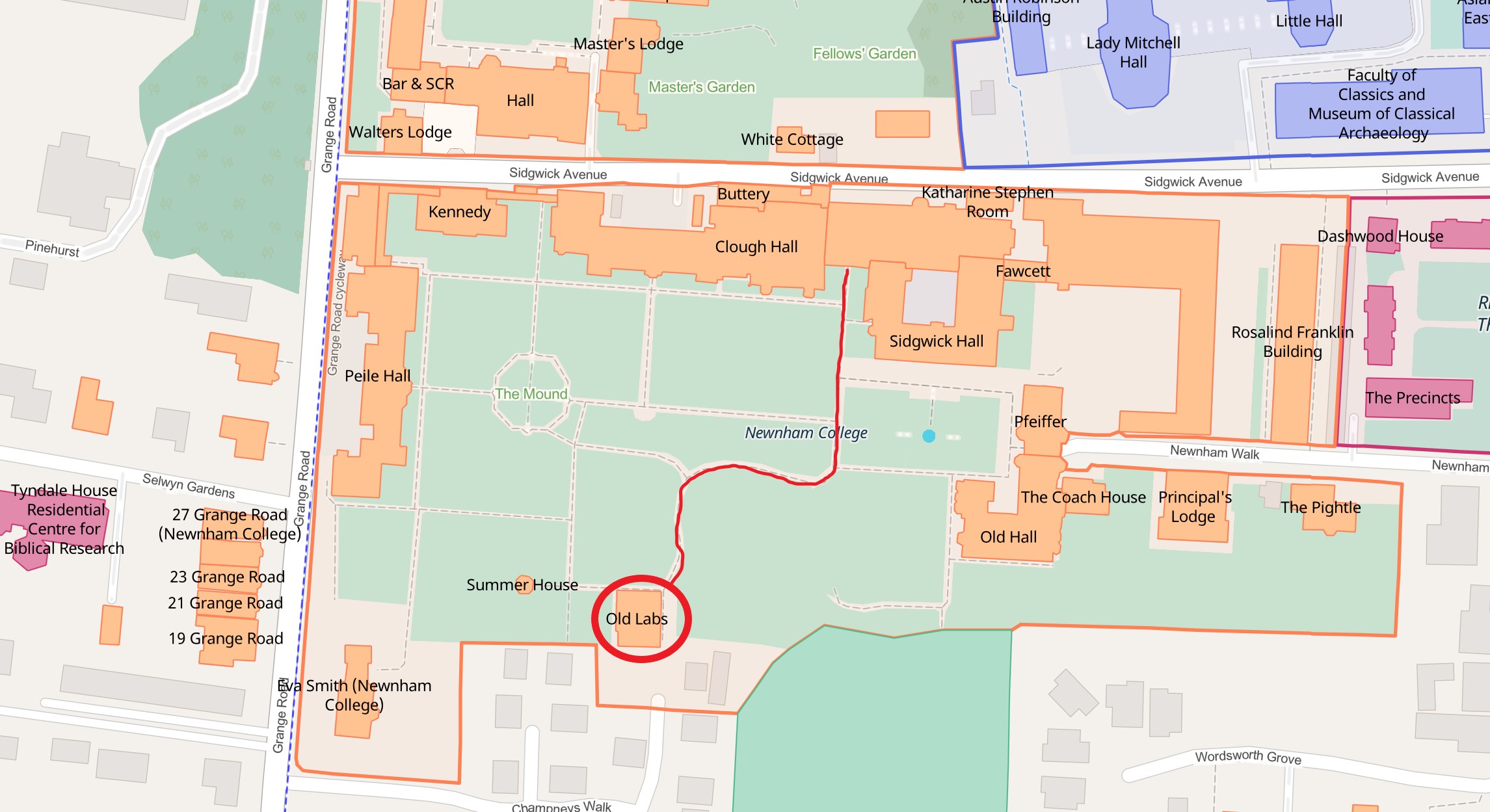 A map showing the entrance into Newnham College