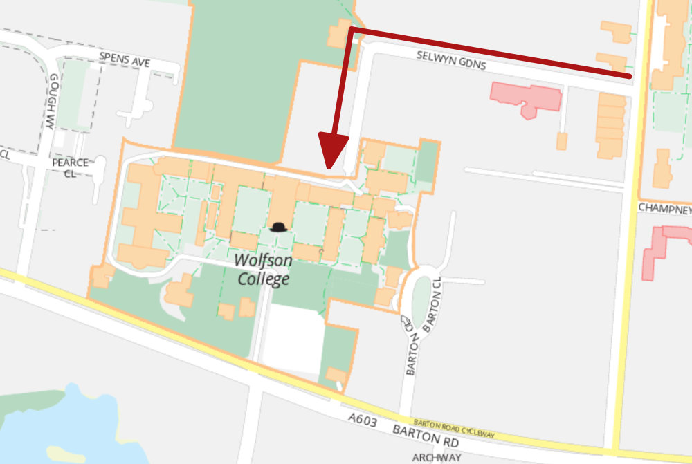 A map showing the entrance into Wolfson College